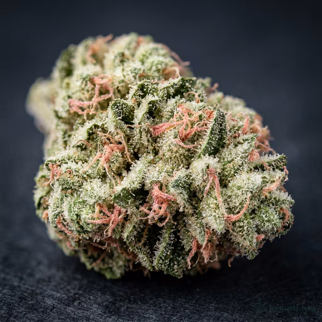 Nahaufnahme einer harzigen Bubble Gum-Blüte mit dichten Trichomen und orangefarbenen Blütenstempeln