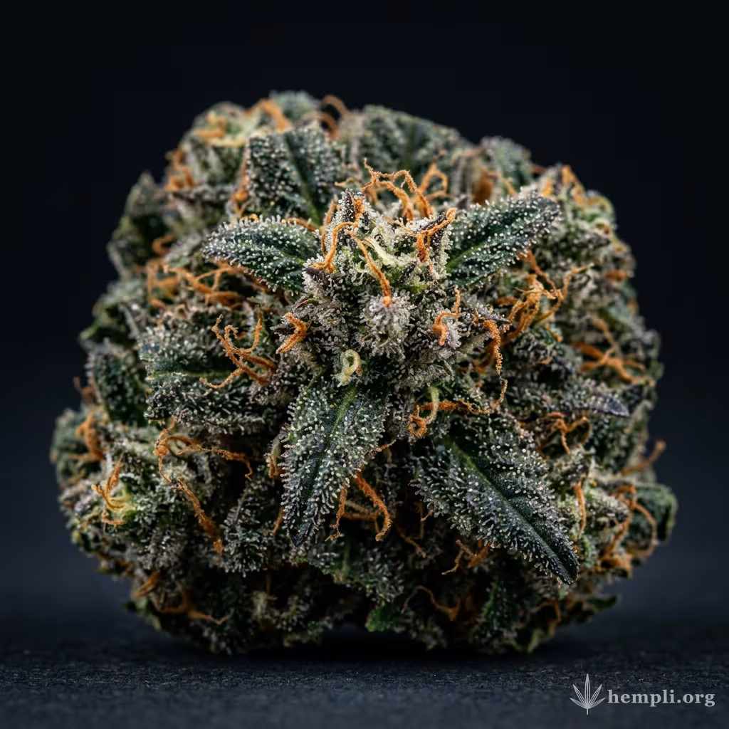 Nahaufnahme einer harzigen Bubble Kush Autoflowering-Blüte mit dichten Trichomen und orangefarbenen Blütenstempeln