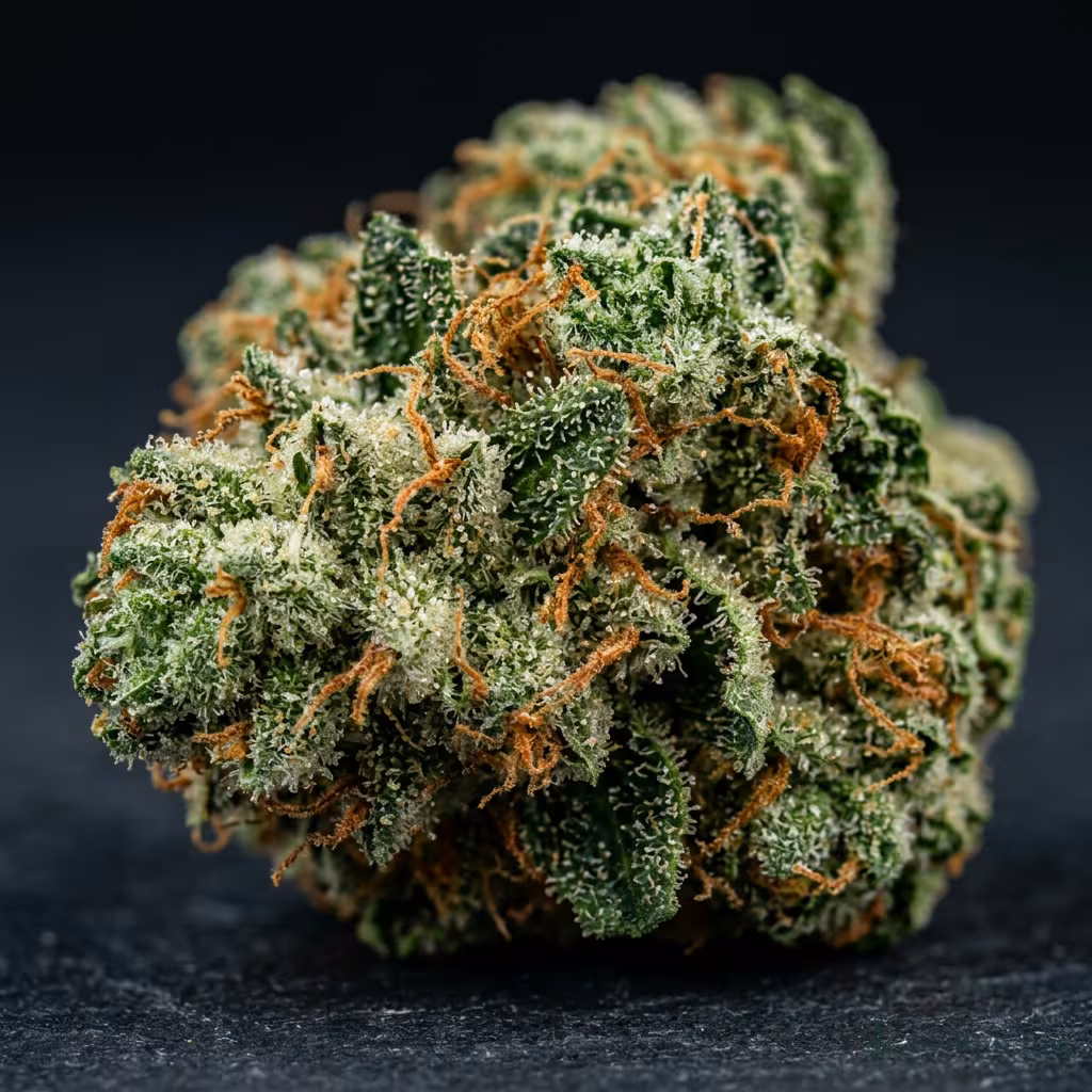 Nahaufnahme einer harzigen Bubble Kush-Blüte mit dichten Trichomen und orangefarbenen Blütenstempeln