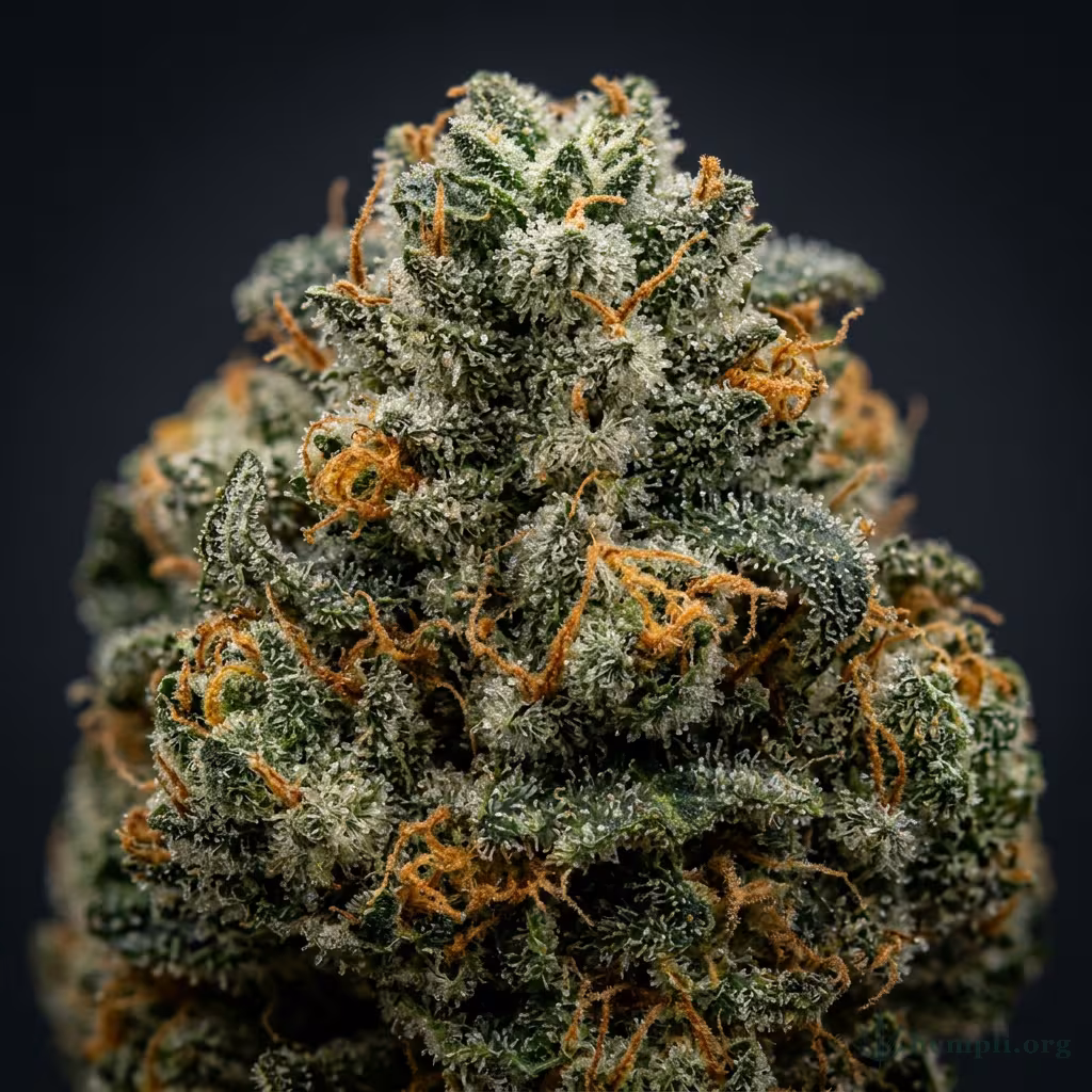 Nahaufnahme einer harzigen Bubblegum Kush-Blüte mit dichten Trichomen und orangefarbenen Blütenstempeln
