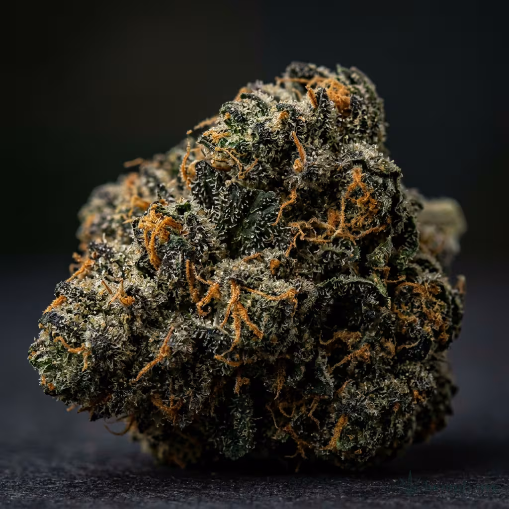 Nahaufnahme einer harzigen Buddha Kush OG-Blüte mit dichten Trichomen und orangefarbenen Blütenstempeln