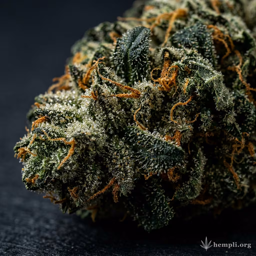 Nahaufnahme einer harzigen California Hash Plant-Blüte mit dichten Trichomen und orangefarbenen Blütenstempeln