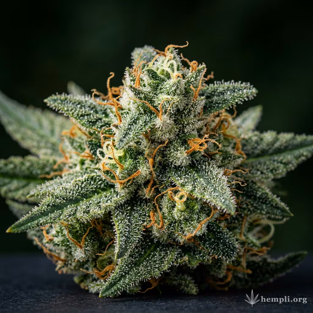 Nahaufnahme einer harzigen Candy Kush Express - Fast Flowering-Blüte mit dichten Trichomen und orangefarbenen Blütenstempeln