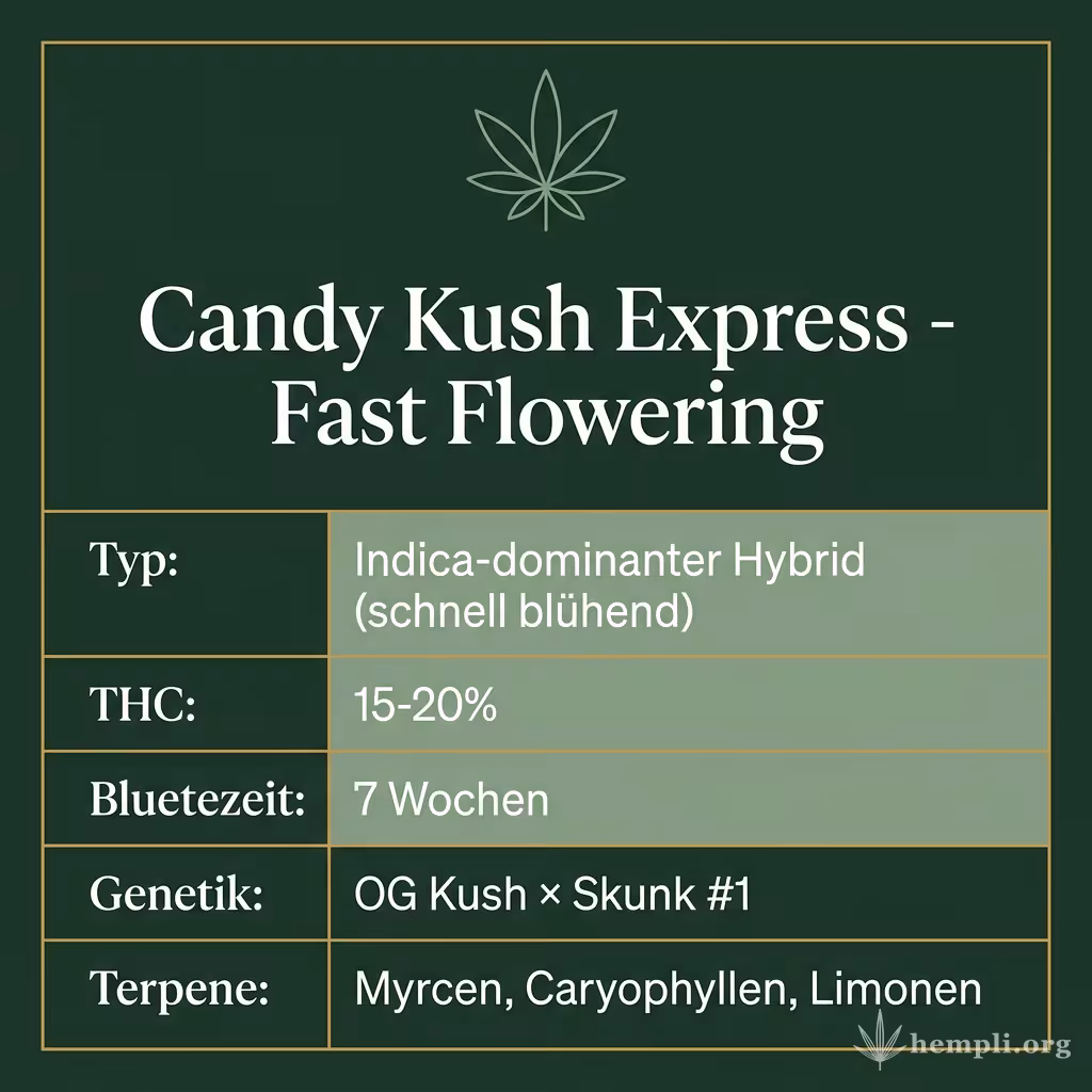 Infografik mit Candy Kush Express - Fast Flowering Key Facts: Typ Indica-dominanter Hybrid (schnell blühend), THC 15-20%, Bluetezeit 7 Wochen, Genetik OG Kush × Skunk #1 und Terpene Myrcen, Caryophyllen, Limonen