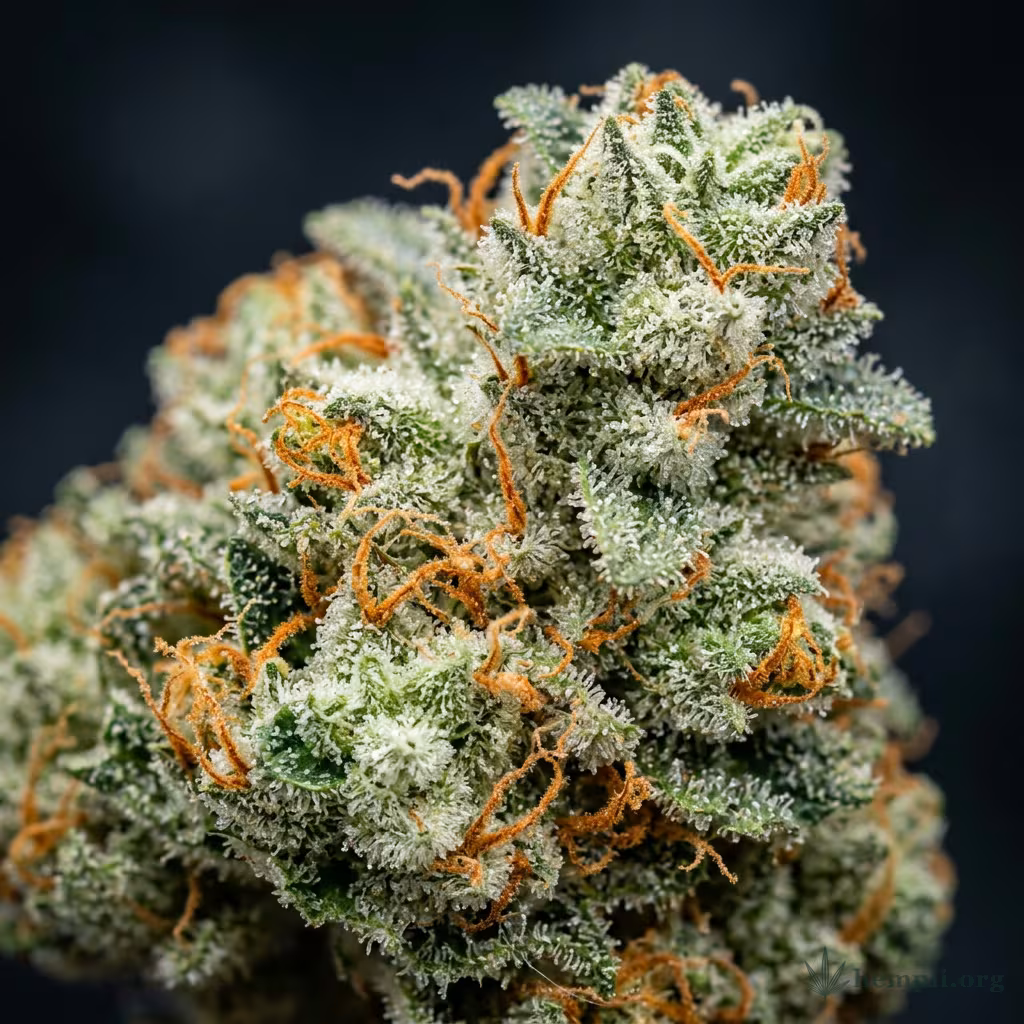 Nahaufnahme einer harzigen, hellgrünen Candyland-Blüte mit dichten Trichomen und orangefarbenen Blütenstempeln