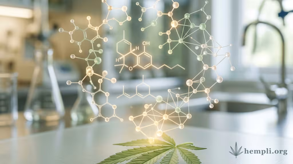 Abstrakte Molekülstrukturen über einem Cannabisblatt als Symbol für die Cannabinoide