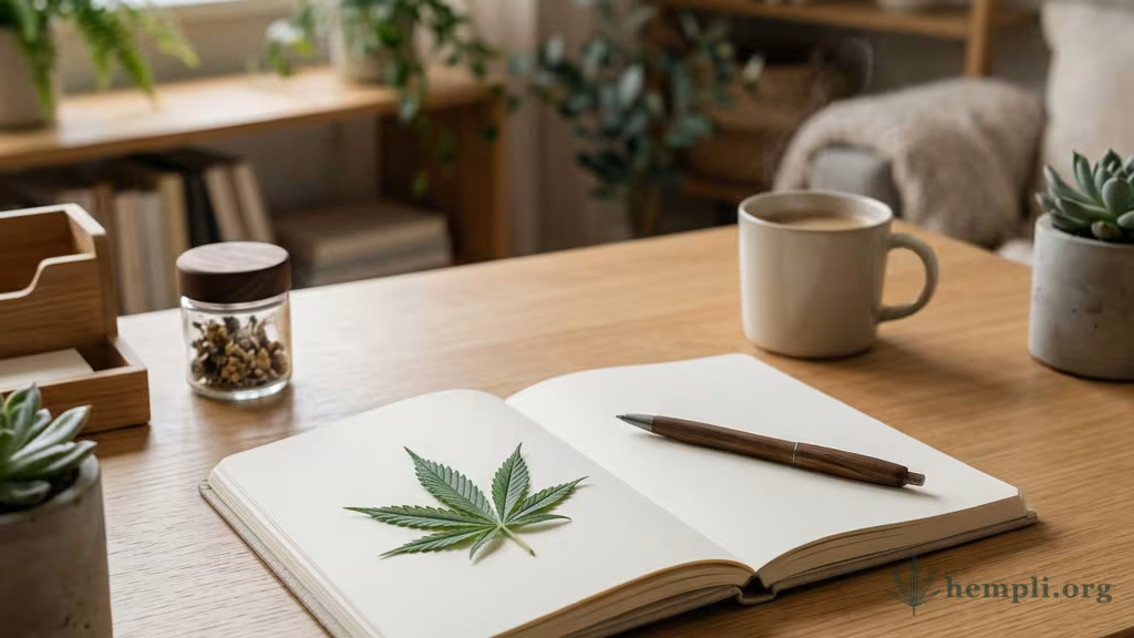 Aufgeräumter Schreibtisch mit Notizbuch und einem kleinen Cannabisblatt – Symbol für Cannabis und ADHS