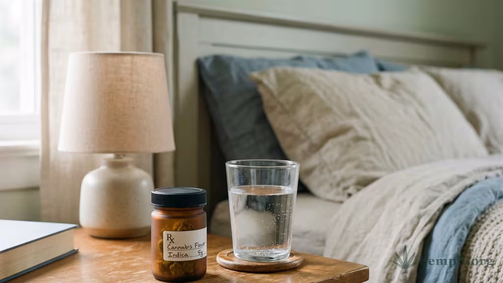 Kleines medizinisches Cannabis-Glas und ein Glas Wasser auf einem ruhigen Nachttisch