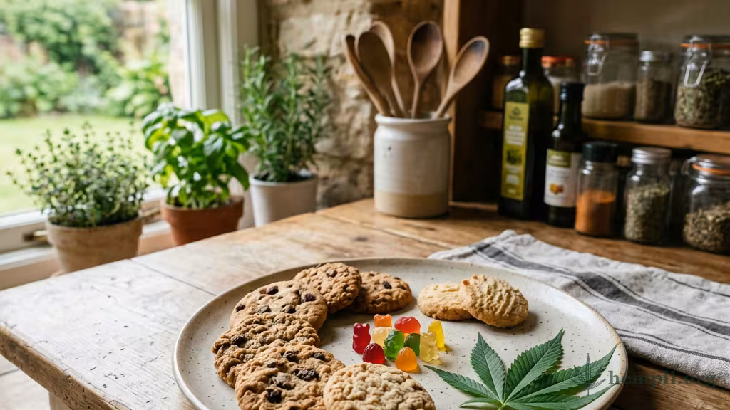 Selbstgebackene Kekse und kleine Gummibärchen neben einem Cannabisblatt auf einem Teller