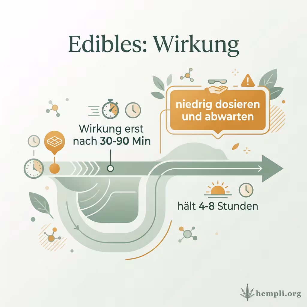 Infografik Edibles: Wirkung erst nach 30 bis 90 Minuten, hält 4 bis 8 Stunden, niedrig dosieren und abwarten
