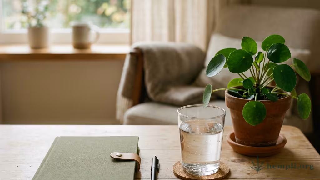 Ruhiges Tagebuch, ein Glas Wasser und eine kleine Pflanze auf einem aufgeräumten Tisch