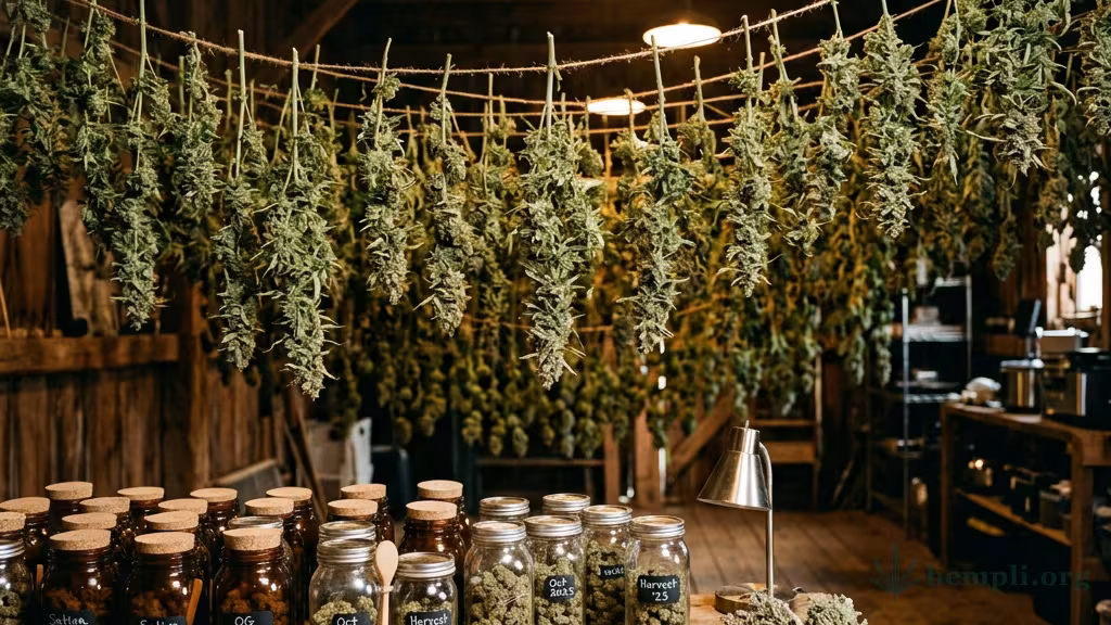 Frisch geerntete Cannabis-Blüten hängen zum Trocknen, im Vordergrund Einmachgläser