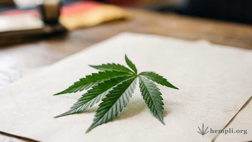 Symbolbild zum deutschen Cannabis-Gesetz 2024: ein Cannabisblatt vor dem Hintergrund eines amtlichen Dokuments in Schwarz-Rot-Gold
