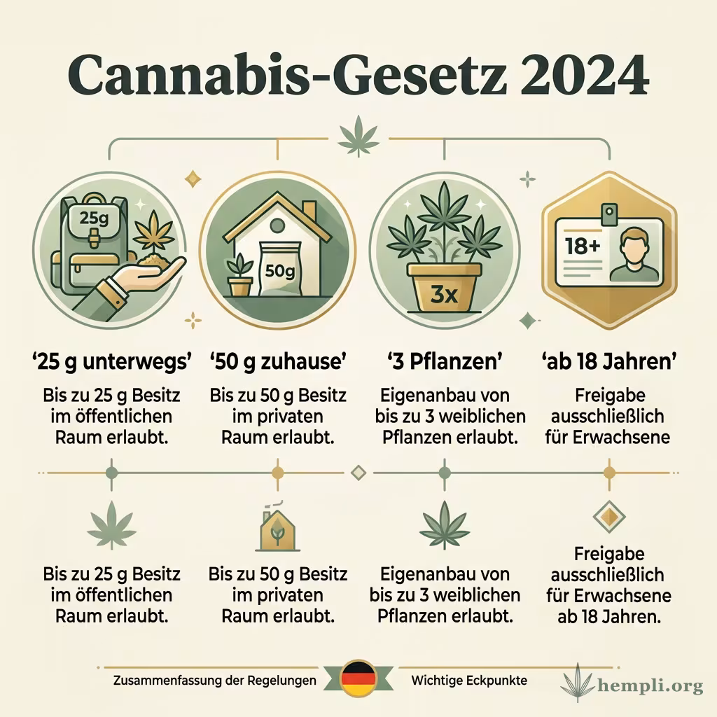 Infografik zum Cannabis-Gesetz 2024: 25 Gramm unterwegs, 50 Gramm zuhause, bis zu 3 Pflanzen Eigenanbau und Freigabe erst ab 18 Jahren