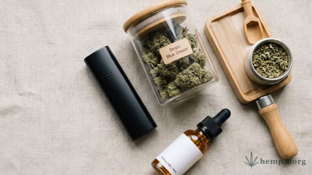 Neutral arrangierte Cannabis-Utensilien: ein Vaporizer, ein Glas mit Blüten und ein Fläschchen Öl