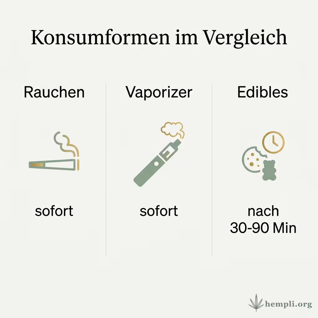 Infografik Konsumformen im Vergleich: Rauchen sofort, Vaporizer sofort, Edibles nach 30 bis 90 Minuten