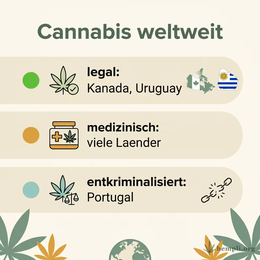 Infografik Cannabis weltweit: legal in Kanada und Uruguay, medizinisch in vielen Ländern, entkriminalisiert zum Beispiel Portugal
