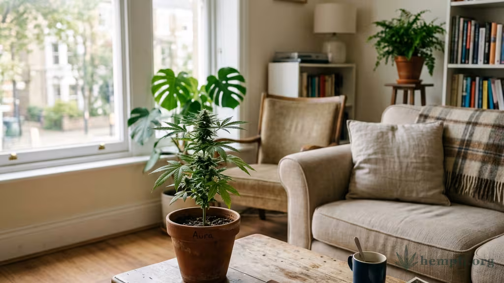 Helles Wohnzimmer am Fenster mit einer kleinen Cannabis-Pflanze im Topf und Schlüsseln auf dem Tisch