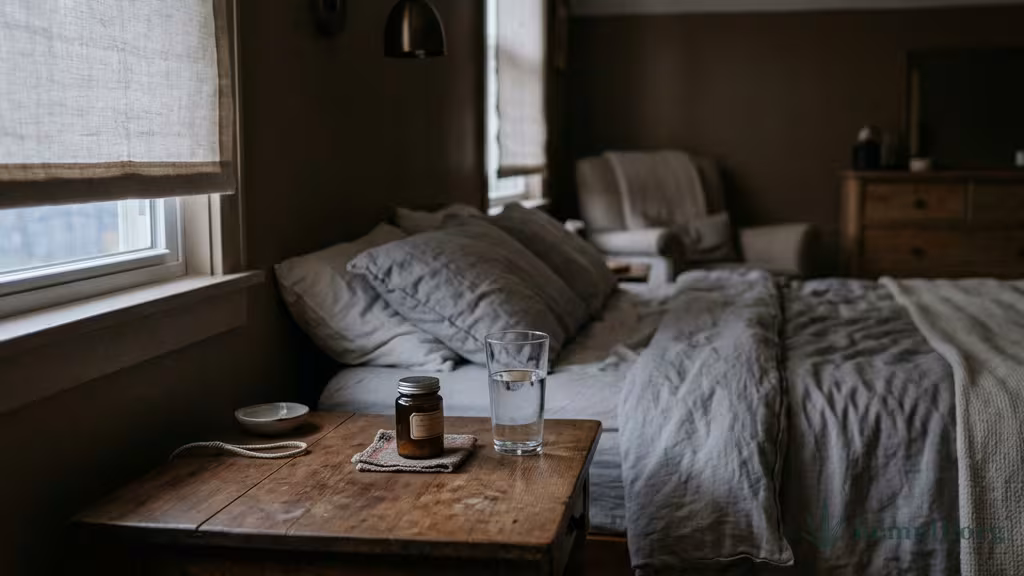 Abgedunkeltes Schlafzimmer mit einem Glas Wasser und einem kleinen Glas auf dem Nachttisch