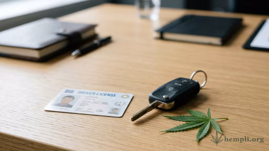 Führerschein und Autoschlüssel auf einem Schreibtisch neben einem kleinen Cannabisblatt – Symbol für MPU