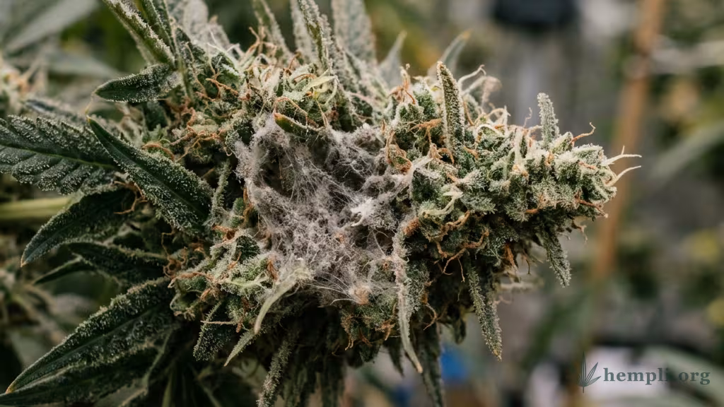 Cannabis-Blüte mit einer kleinen Stelle grauen Schimmels in Nahaufnahme