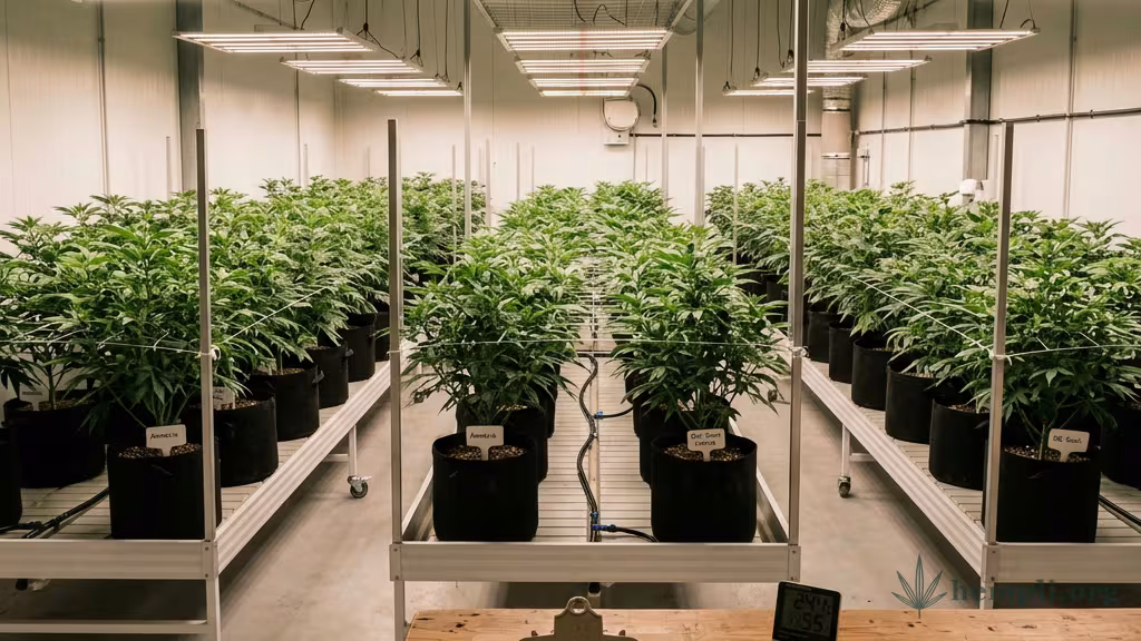 Ordentlicher Anbauraum einer Cannabis-Anbauvereinigung mit gesunden grünen Pflanzen unter Pflanzenlicht
