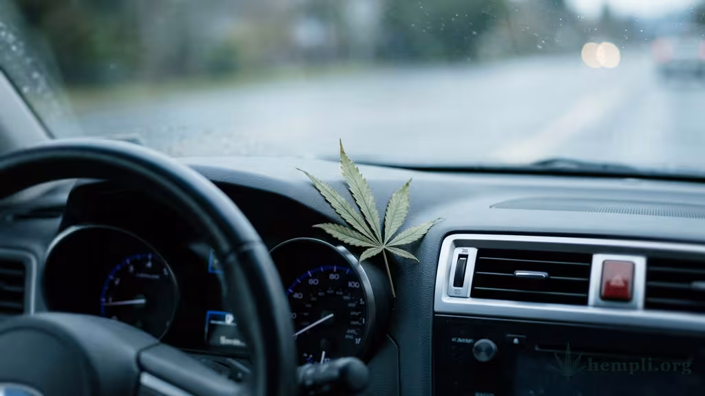 Lenkrad und Armaturenbrett eines Autos, davor ein Cannabisblatt – Symbolbild zu Cannabis im Straßenverkehr