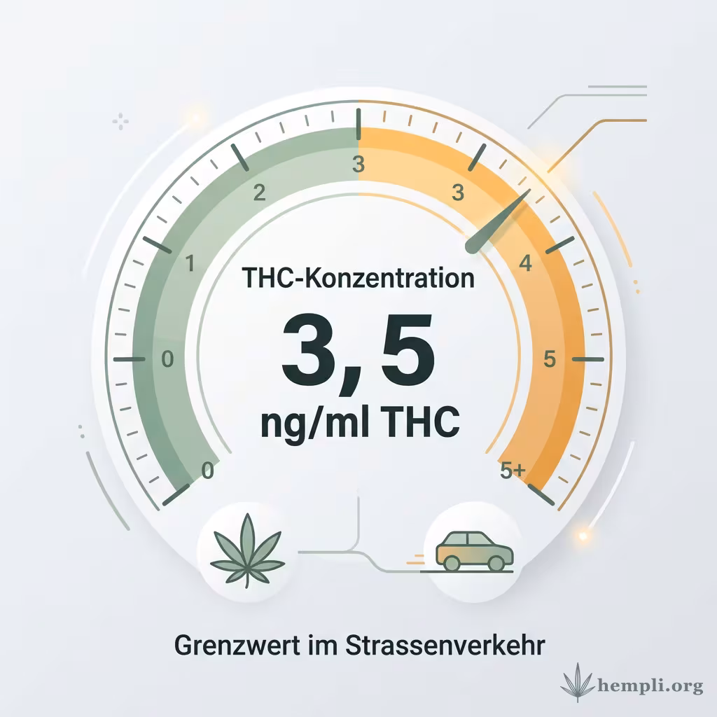 Infografik einer Tacho-Skala mit der Markierung 3,5 ng/ml THC als Grenzwert im Straßenverkehr