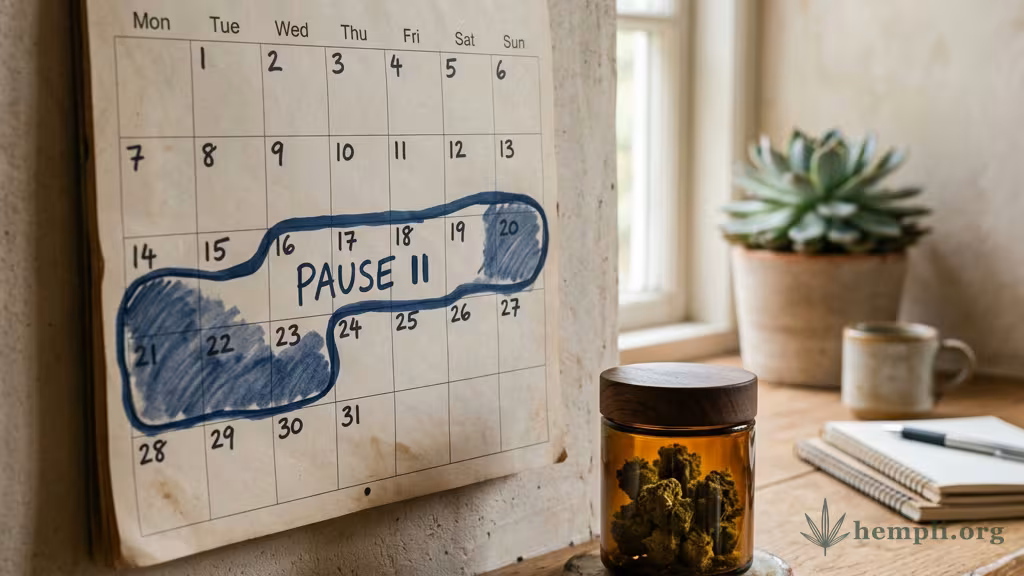 Wandkalender mit einer markierten Pause neben einem kleinen geschlossenen Cannabis-Glas