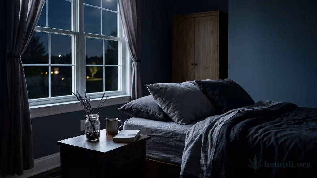 Ruhiges dunkles Schlafzimmer bei Nacht mit sanftem Mondlicht und einem kleinen Glas auf dem Nachttisch