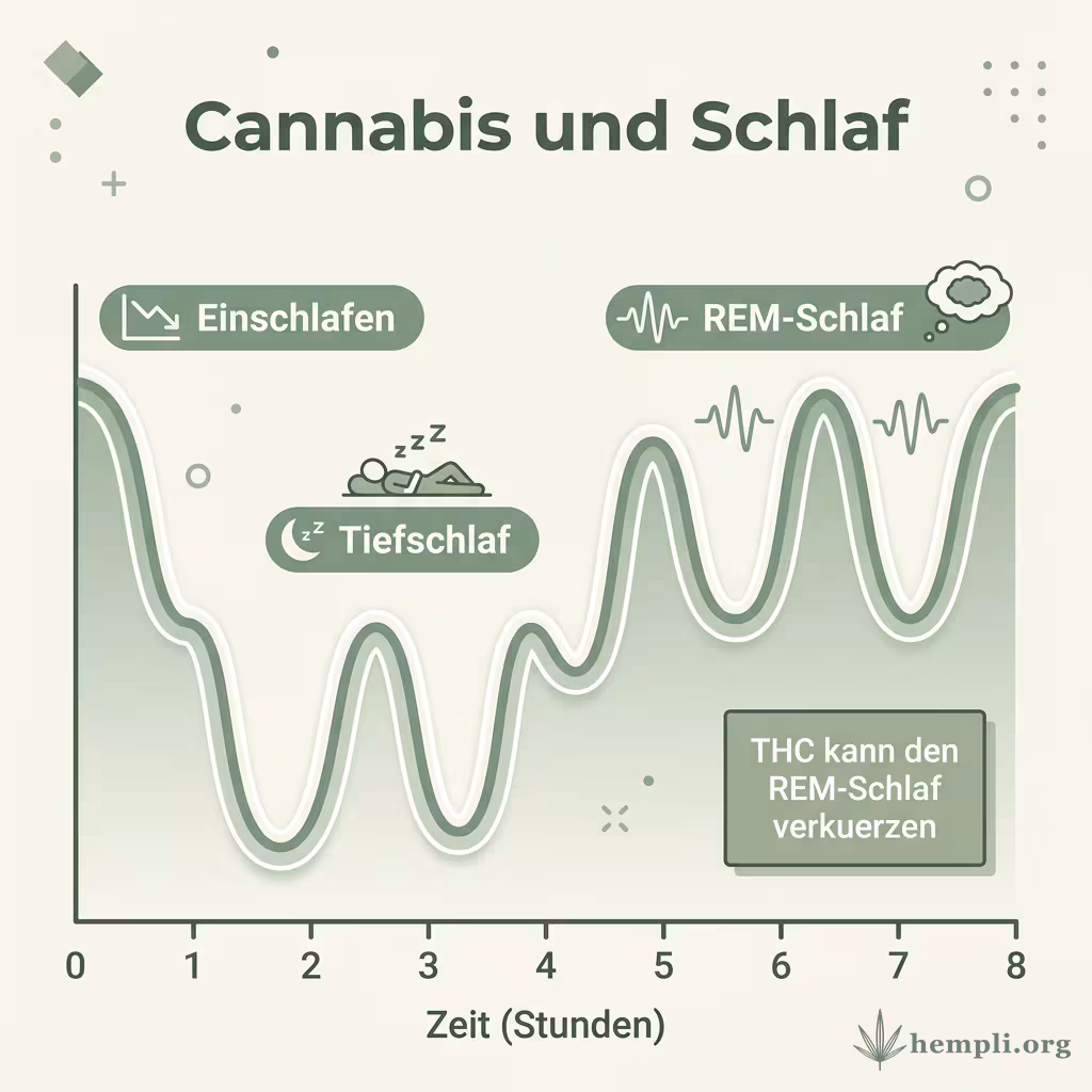 Infografik des Schlafzyklus mit Einschlafen, Tiefschlaf und REM-Schlaf sowie dem Hinweis, dass THC den REM-Schlaf verkürzen kann