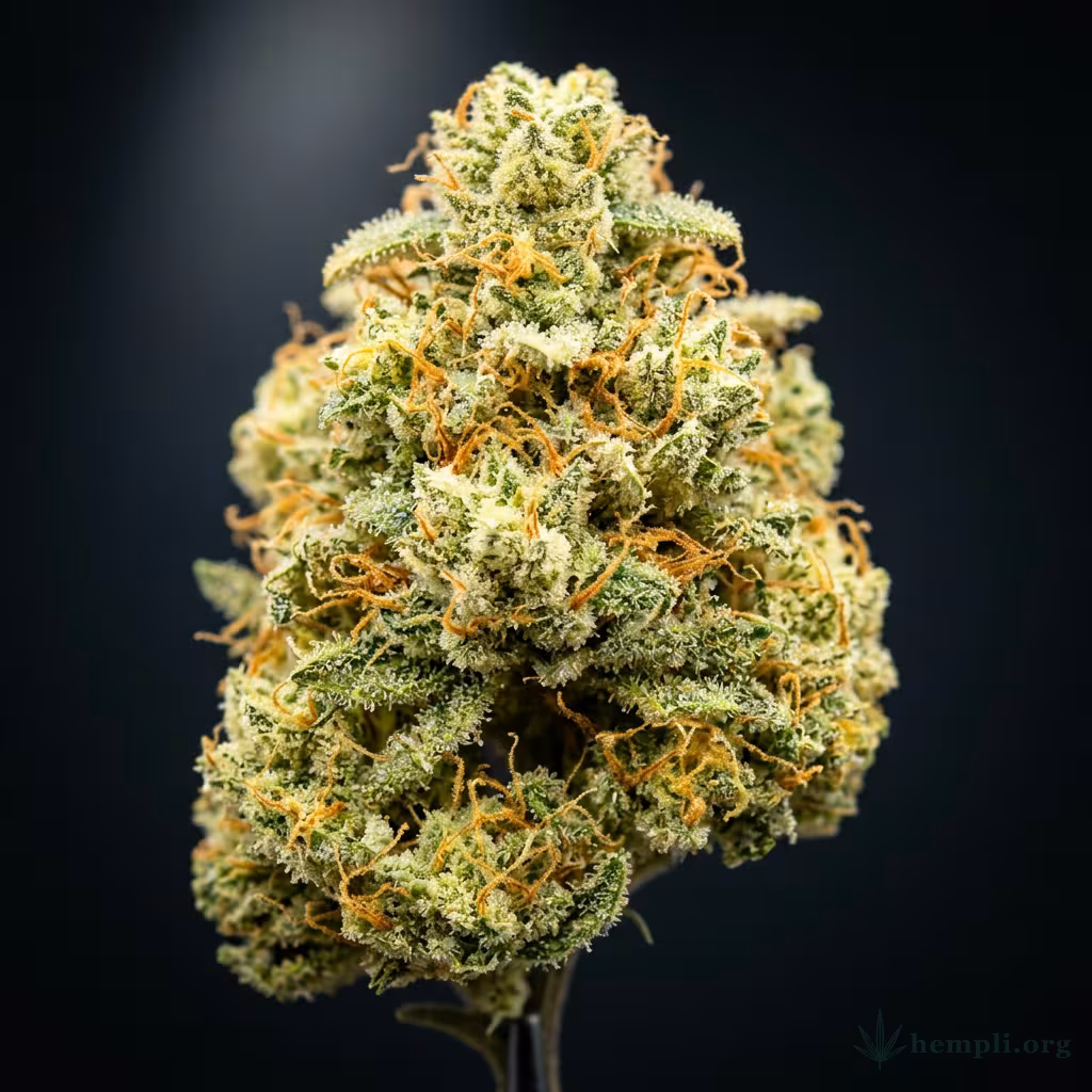 Nahaufnahme einer harzigen Cannalope Haze-Blüte mit dichten Trichomen und orangefarbenen Blütenstempeln