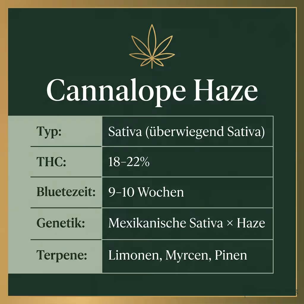 Infografik mit Cannalope Haze Key Facts: Typ Sativa (überwiegend Sativa), THC 18-22%, Bluetezeit 9-10 Wochen, Genetik Mexikanische Sativa × Haze und Terpene Limonen, Myrcen, Pinen