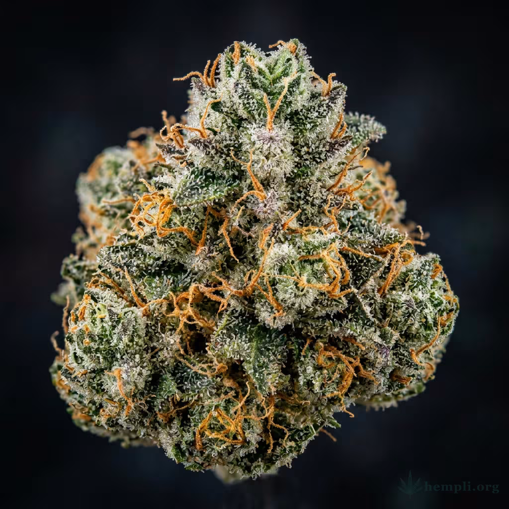 Nahaufnahme einer harzigen Cannalope Kush-Blüte mit dichten Trichomen und orangefarbenen Blütenstempeln