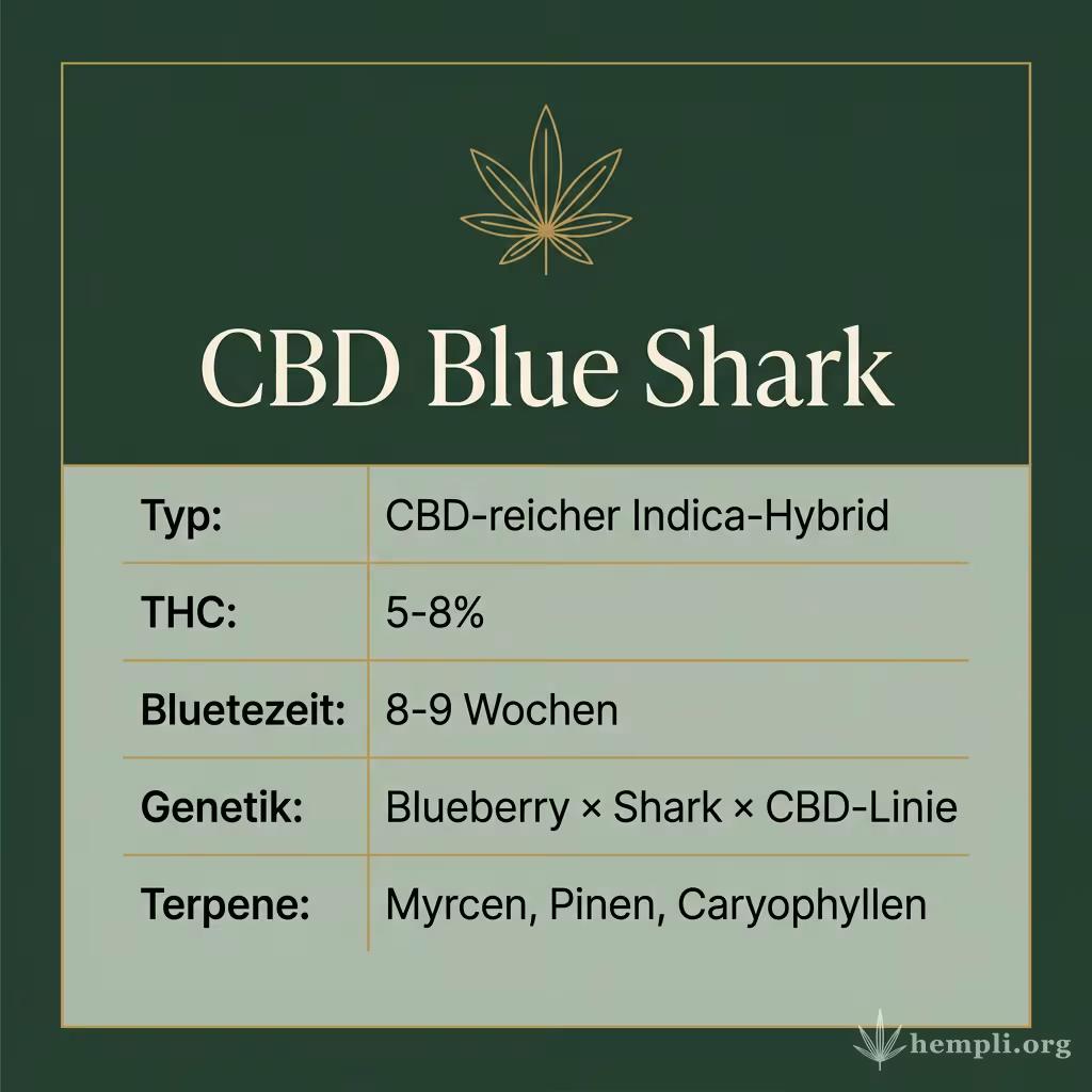 Infografik mit CBD Blue Shark Key Facts: Typ CBD-reicher Indica-Hybrid, THC 5-8%, Bluetezeit 8-9 Wochen, Genetik Blueberry × Shark × CBD-Linie und Terpene Myrcen, Pinen, Caryophyllen