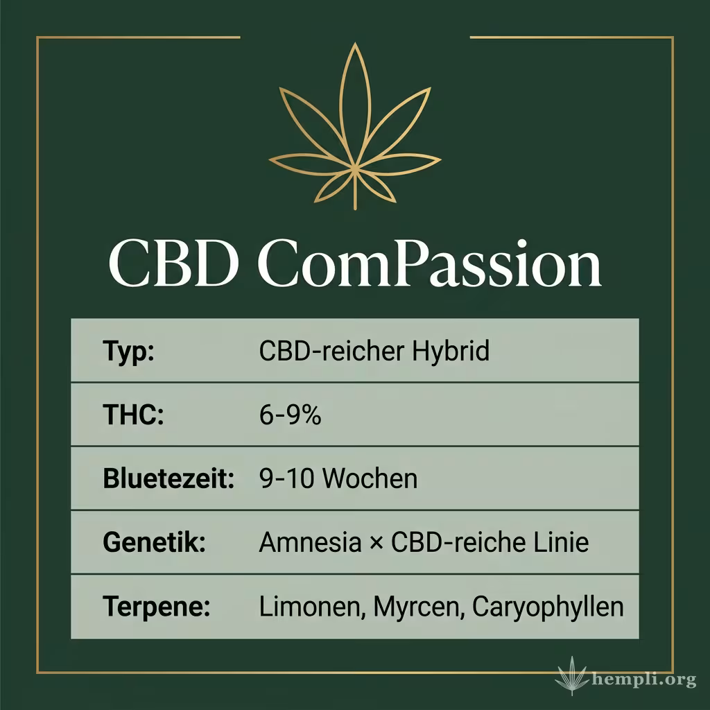 Infografik mit CBD ComPassion Key Facts: Typ CBD-reicher Hybrid, THC 6-9%, Bluetezeit 9-10 Wochen, Genetik Amnesia × CBD-reiche Linie und Terpene Limonen, Myrcen, Caryophyllen