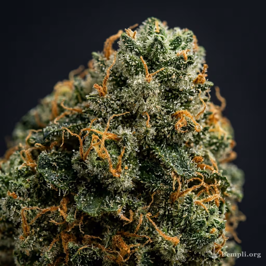 Nahaufnahme einer harzigen CBD Critical Cure-Blüte mit dichten Trichomen und orangefarbenen Blütenstempeln