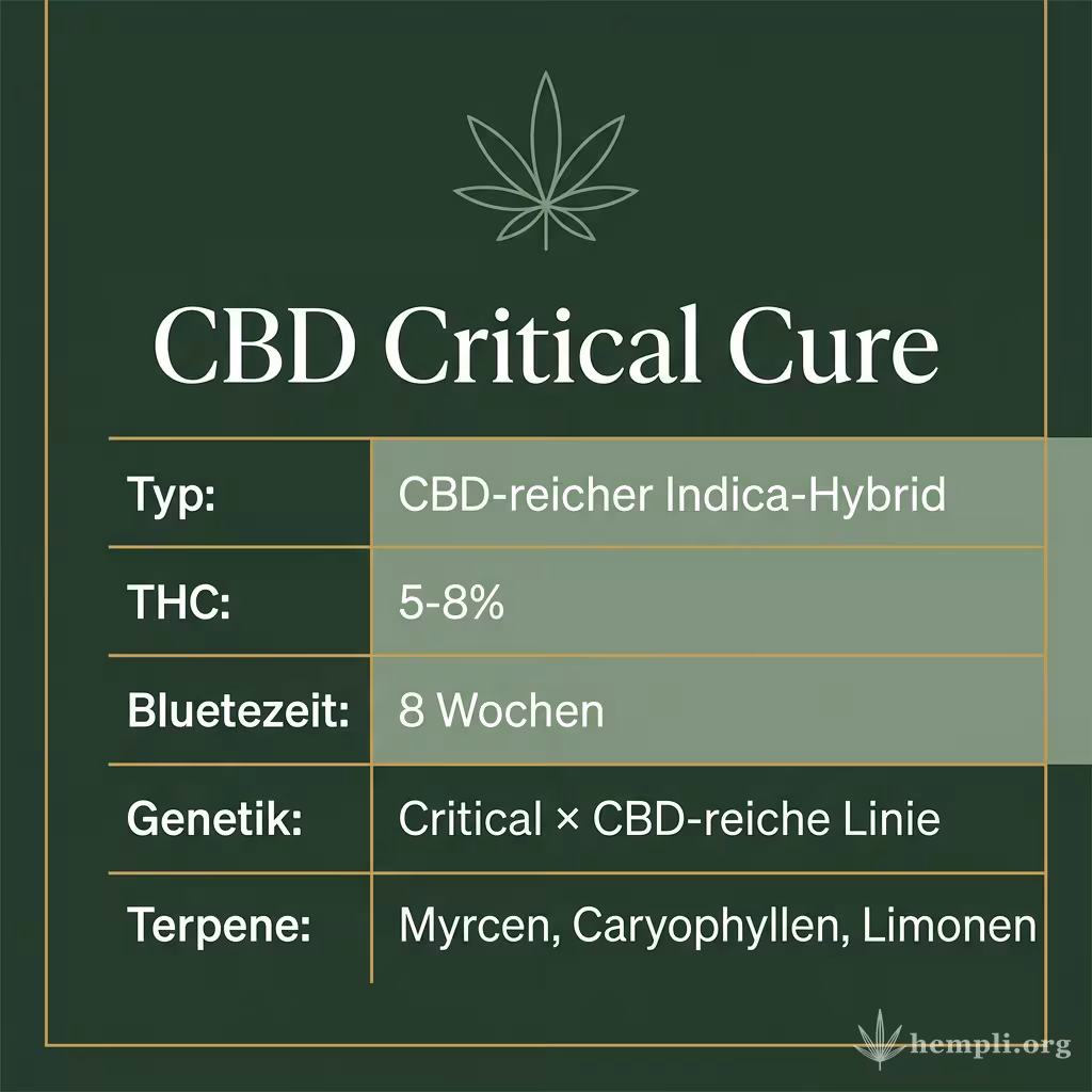 Infografik mit CBD Critical Cure Key Facts: Typ CBD-reicher Indica-Hybrid, THC 5-8%, Bluetezeit 8 Wochen, Genetik Critical × CBD-reiche Linie und Terpene Myrcen, Caryophyllen, Limonen
