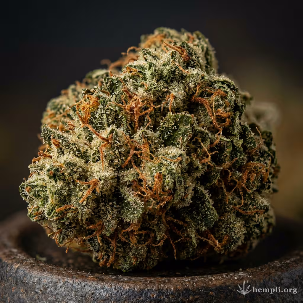 Nahaufnahme einer harzigen CBD Critical Mass-Blüte mit dichten Trichomen und orangefarbenen Blütenstempeln
