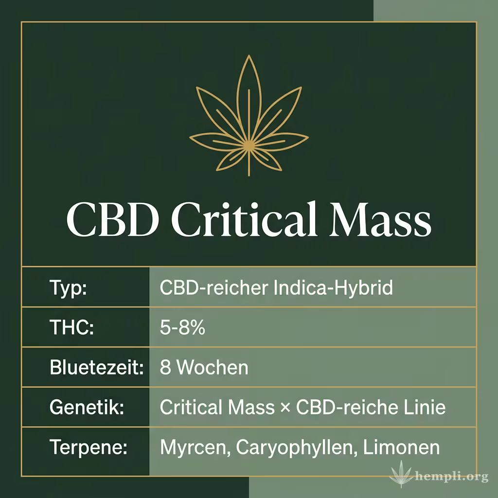 Infografik mit CBD Critical Mass Key Facts: Typ CBD-reicher Indica-Hybrid, THC 5-8%, Bluetezeit 8 Wochen, Genetik Critical Mass × CBD-reiche Linie und Terpene Myrcen, Caryophyllen, Limonen