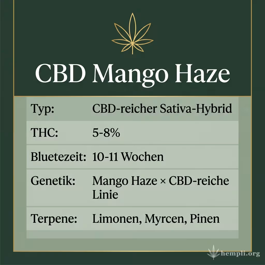 Infografik mit CBD Mango Haze Key Facts: Typ CBD-reicher Sativa-Hybrid, THC 5-8%, Bluetezeit 10-11 Wochen, Genetik Mango Haze × CBD-reiche Linie und Terpene Limonen, Myrcen, Pinen