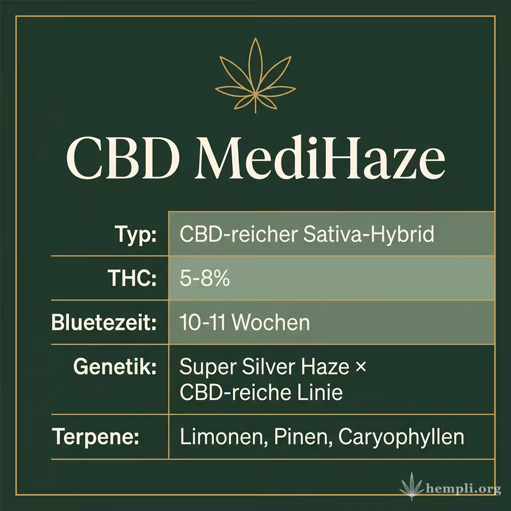 Infografik mit CBD MediHaze Key Facts: Typ CBD-reicher Sativa-Hybrid, THC 5-8%, Bluetezeit 10-11 Wochen, Genetik Super Silver Haze × CBD-reiche Linie und Terpene Limonen, Pinen, Caryophyllen
