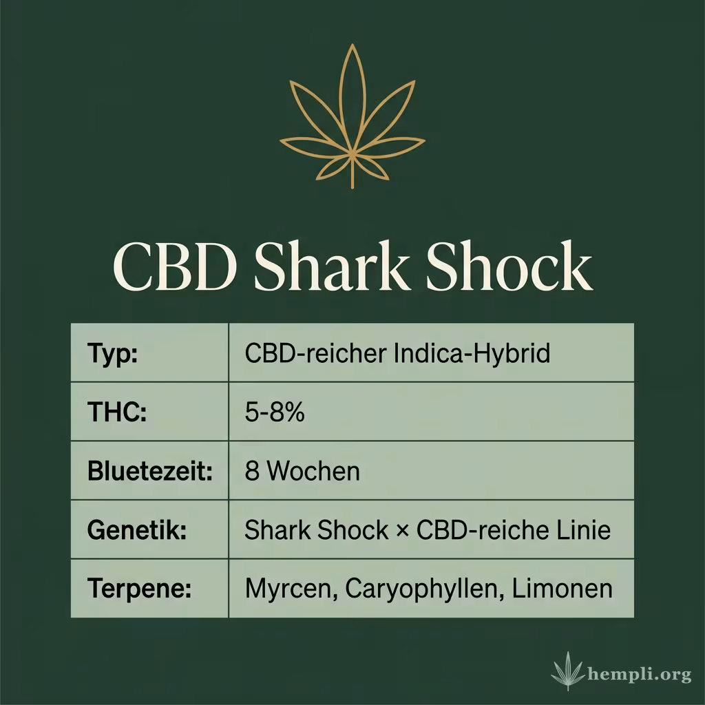 Infografik mit CBD Shark Shock Key Facts: Typ CBD-reicher Indica-Hybrid, THC 5-8%, Bluetezeit 8 Wochen, Genetik Shark Shock × CBD-reiche Linie und Terpene Myrcen, Caryophyllen, Limonen