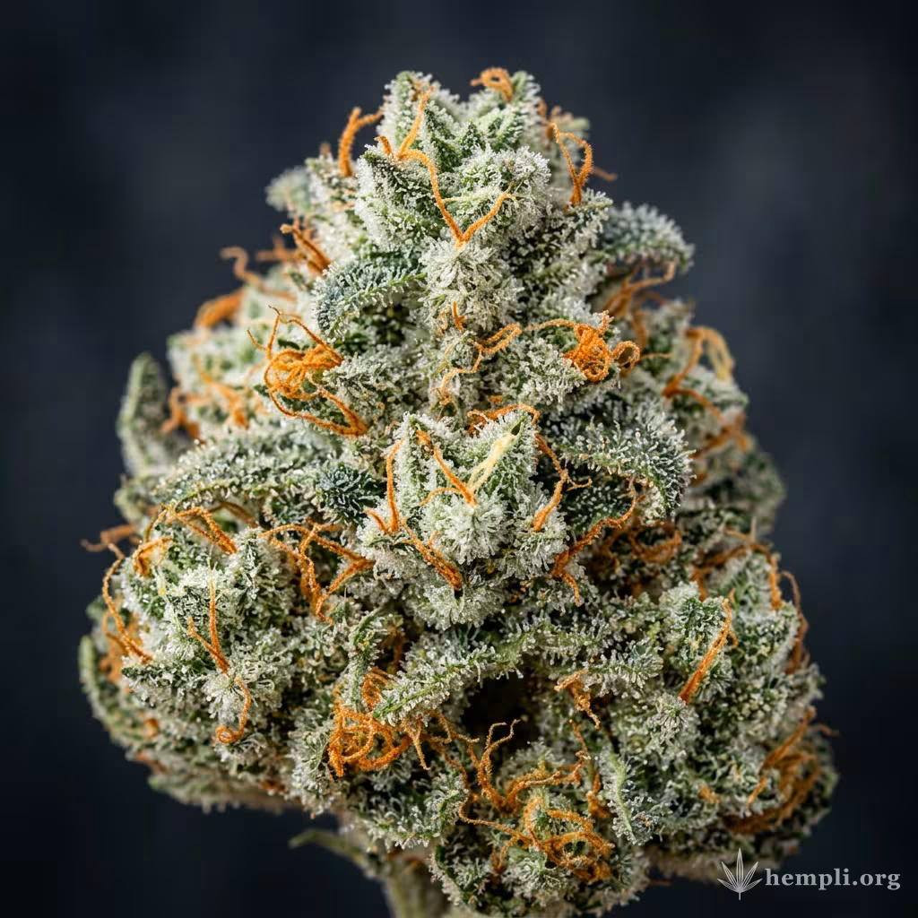 Nahaufnahme einer harzigen CBD Skunk Haze-Blüte mit dichten Trichomen und orangefarbenen Blütenstempeln