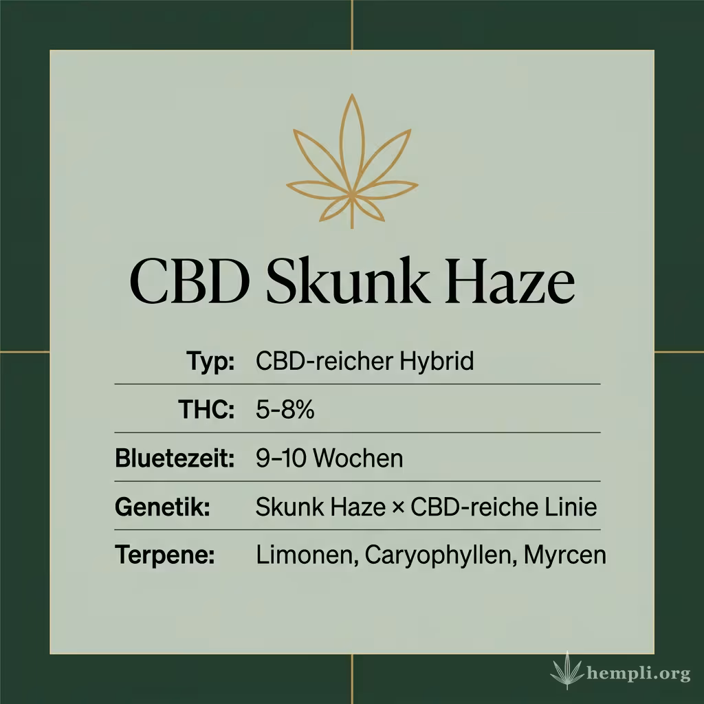 Infografik mit CBD Skunk Haze Key Facts: Typ CBD-reicher Hybrid, THC 5-8%, Bluetezeit 9-10 Wochen, Genetik Skunk Haze × CBD-reiche Linie und Terpene Limonen, Caryophyllen, Myrcen