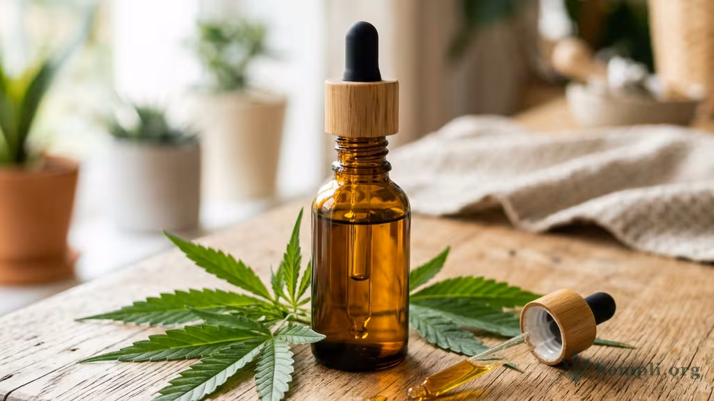 Fläschchen mit CBD-Öl und Pipette neben frischen Hanfblättern auf einer hellen Holzfläche