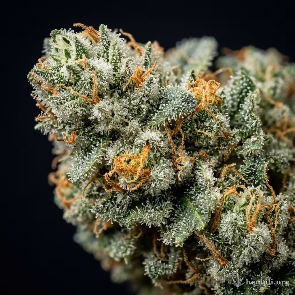 Nahaufnahme einer harzigen CBD Yummy-Blüte mit dichten Trichomen und orangefarbenen Blütenstempeln