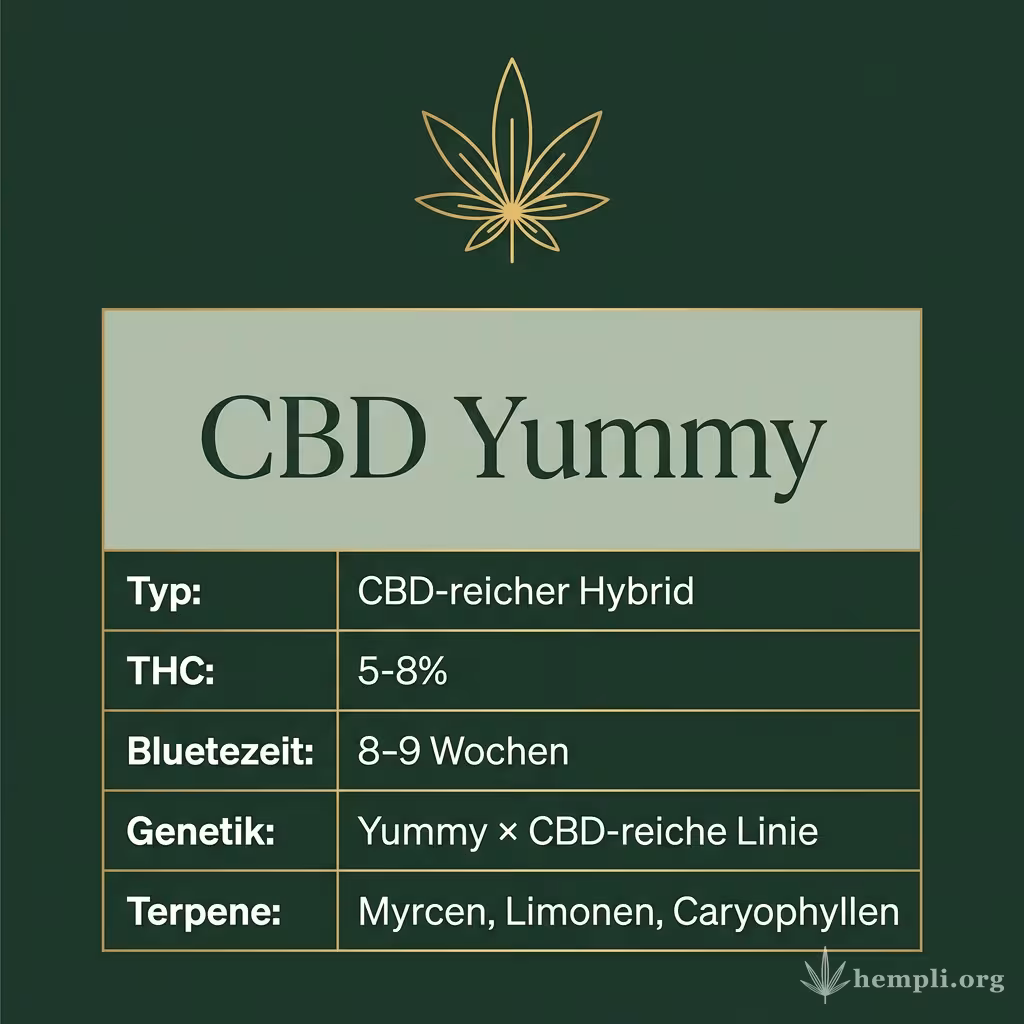 Infografik mit CBD Yummy Key Facts: Typ CBD-reicher Hybrid, THC 5-8%, Bluetezeit 8-9 Wochen, Genetik Yummy × CBD-reiche Linie und Terpene Myrcen, Limonen, Caryophyllen
