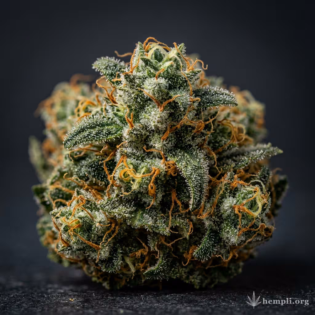 Nahaufnahme einer harzigen Cheese Autoflowering-Blüte mit dichten Trichomen und orangefarbenen Blütenstempeln
