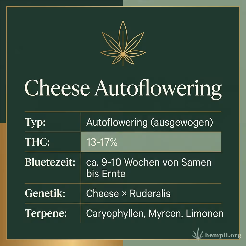 Infografik mit Cheese Autoflowering Key Facts: Typ Autoflowering (ausgewogen), THC 13-17%, Bluetezeit ca. 9-10 Wochen von Samen bis Ernte, Genetik Cheese × Ruderalis und Terpene Caryophyllen, Myrcen, Limonen